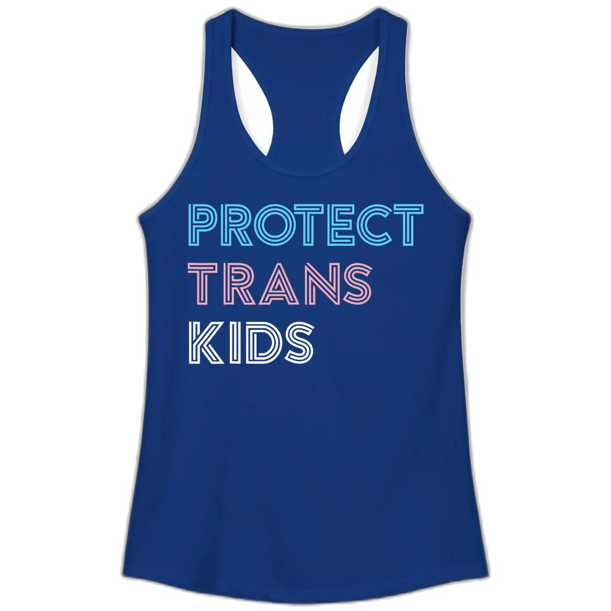 Neon-style outlined text reading 'PROTECT TRANS KIDS' in cyan, pink, and white striped lettering with concentric line patterns in Solid Royal