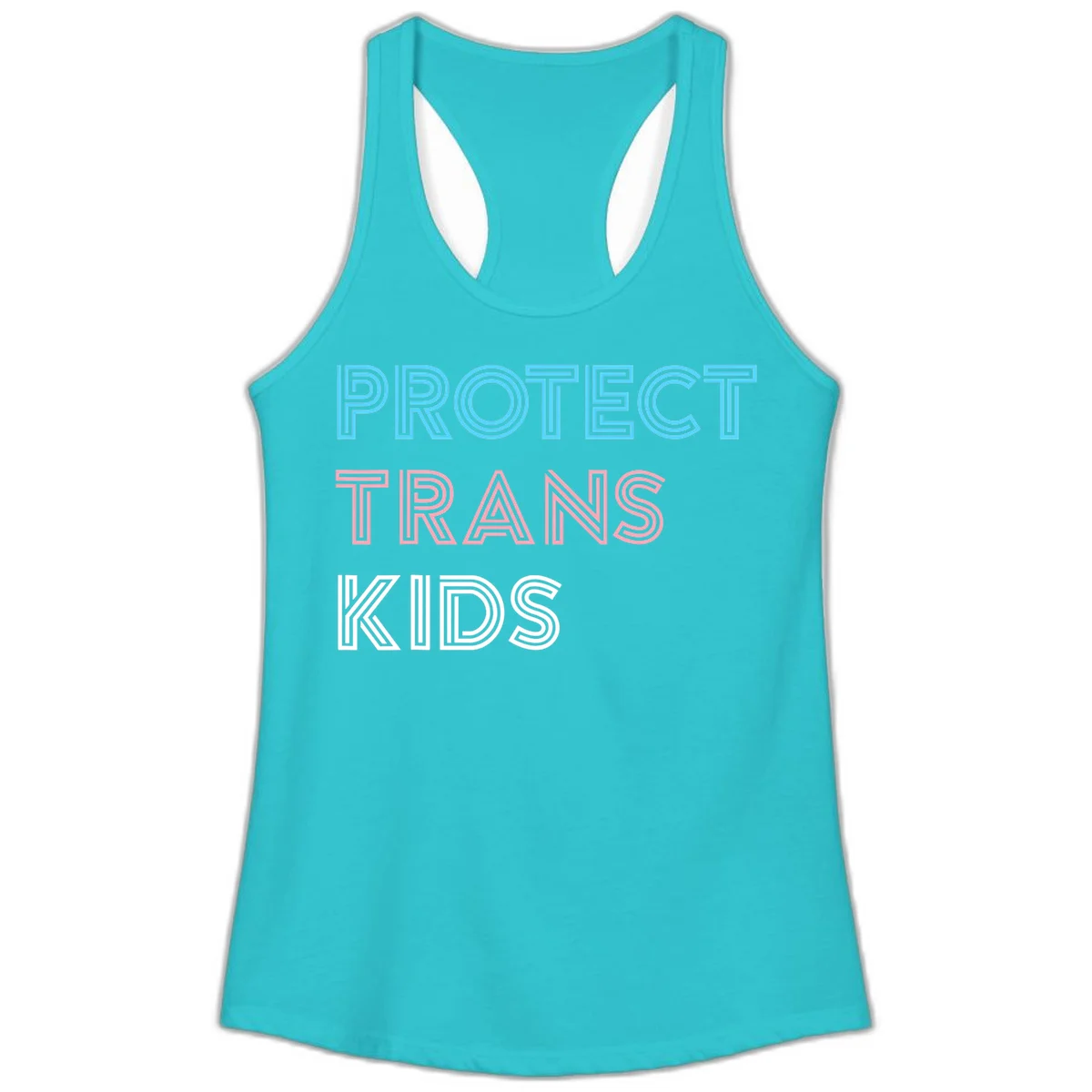 Neon-style outlined text reading 'PROTECT TRANS KIDS' in cyan, pink, and white striped lettering with concentric line patterns in Solid Tahiti Blue