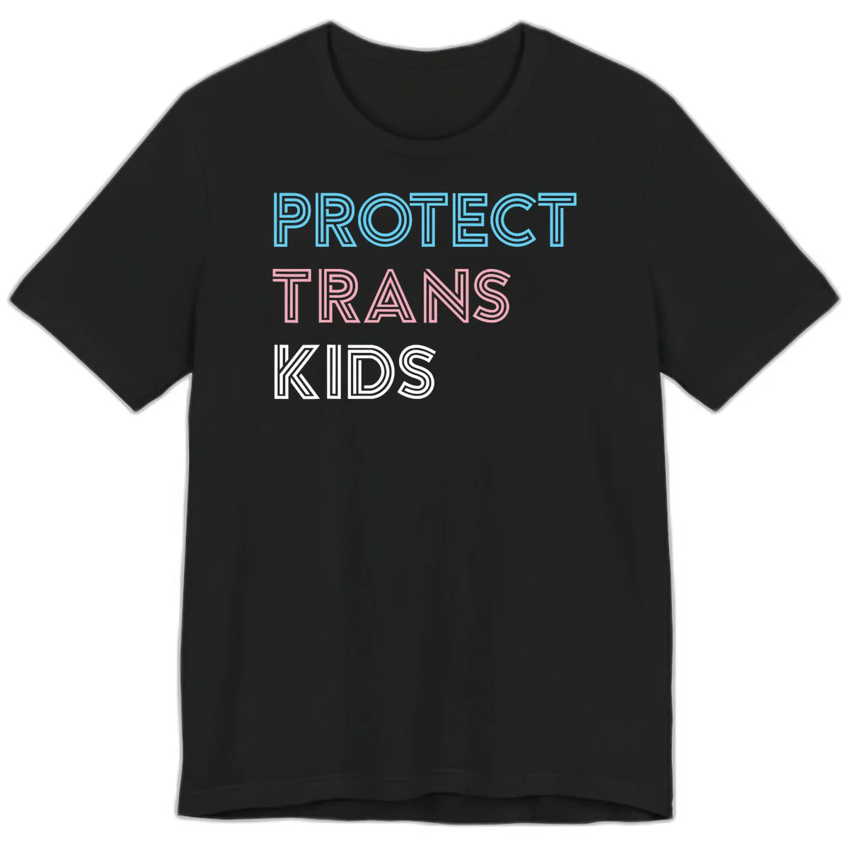 Neon-style outlined text reading 'PROTECT TRANS KIDS' in cyan, pink, and white striped lettering with concentric line patterns in Black