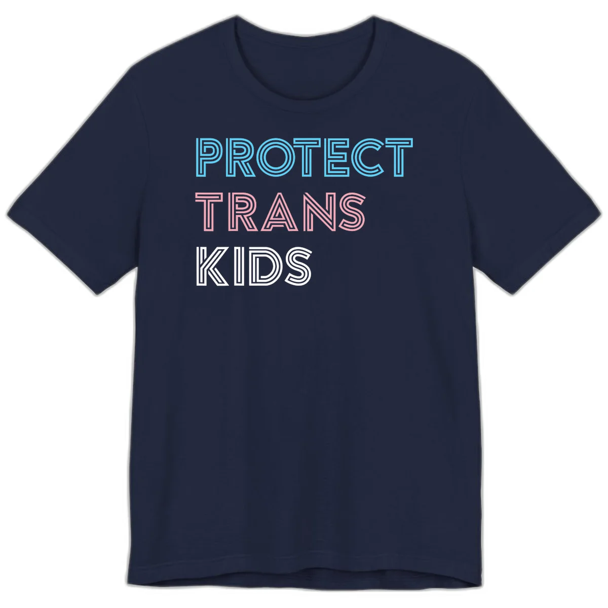 Neon-style outlined text reading 'PROTECT TRANS KIDS' in cyan, pink, and white striped lettering with concentric line patterns in Navy