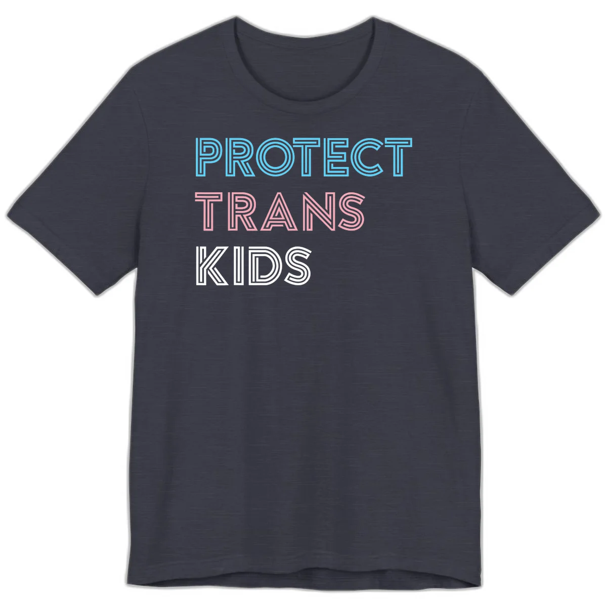 Neon-style outlined text reading 'PROTECT TRANS KIDS' in cyan, pink, and white striped lettering with concentric line patterns in Heather Midnight Navy