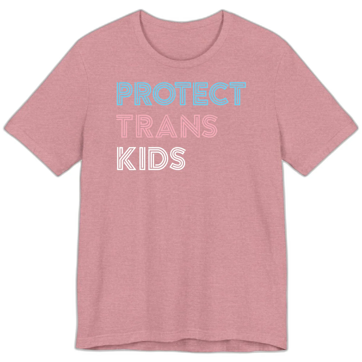 Neon-style outlined text reading 'PROTECT TRANS KIDS' in cyan, pink, and white striped lettering with concentric line patterns in Heather Orchid