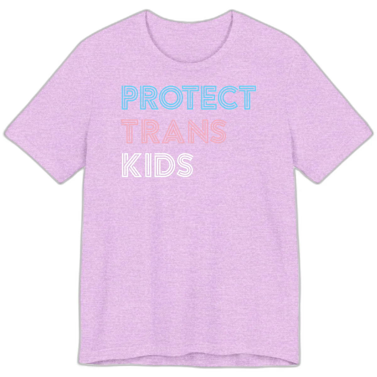 Neon-style outlined text reading 'PROTECT TRANS KIDS' in cyan, pink, and white striped lettering with concentric line patterns in Heather Prism Lilac