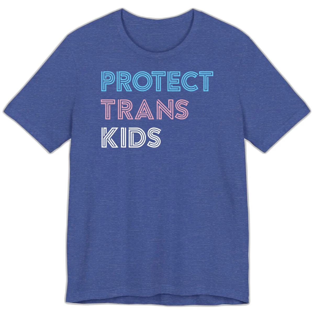 Neon-style outlined text reading 'PROTECT TRANS KIDS' in cyan, pink, and white striped lettering with concentric line patterns in Heather True Royal