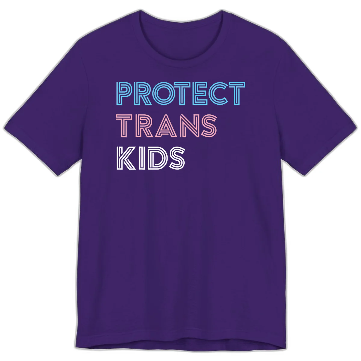 Neon-style outlined text reading 'PROTECT TRANS KIDS' in cyan, pink, and white striped lettering with concentric line patterns in Team Purple