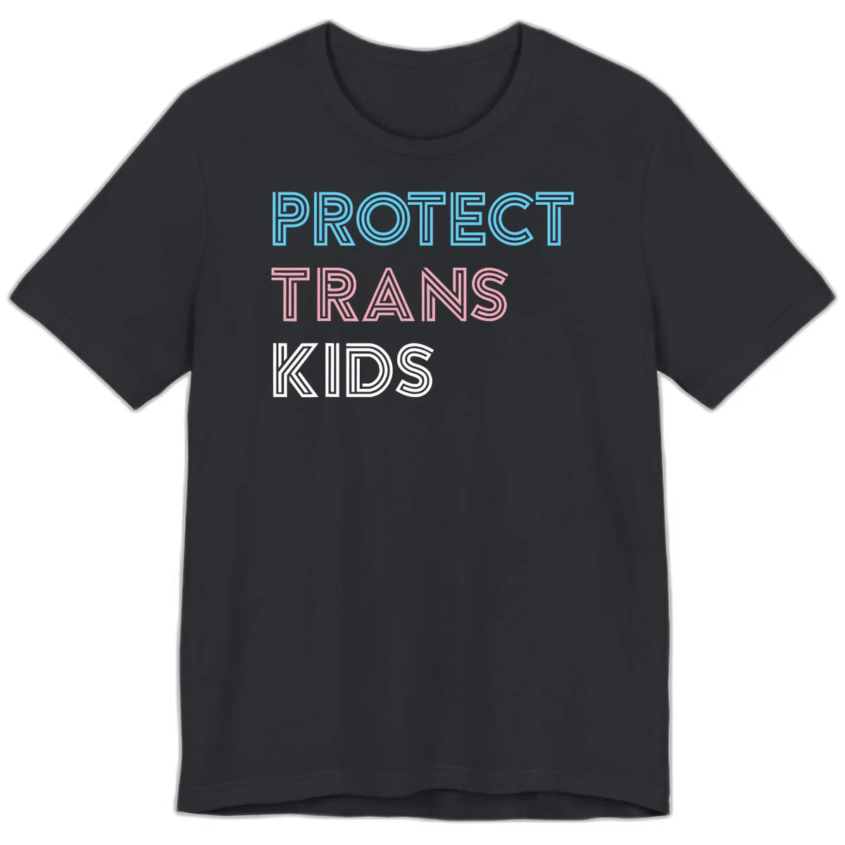Neon-style outlined text reading 'PROTECT TRANS KIDS' in cyan, pink, and white striped lettering with concentric line patterns in Vintage Black