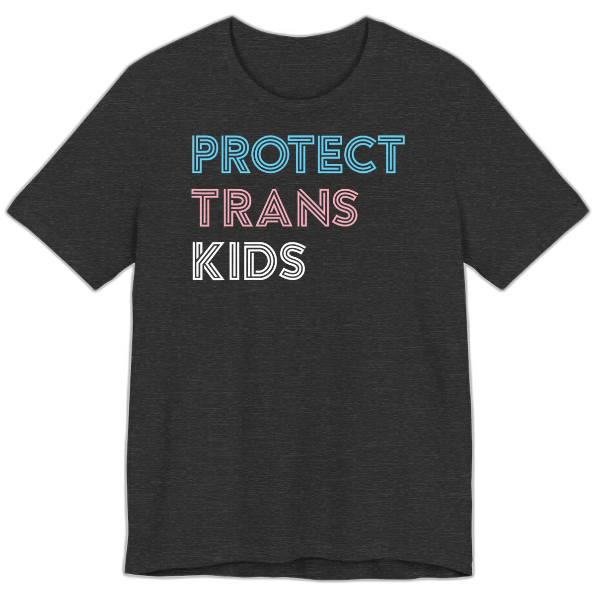 Neon-style outlined text reading 'PROTECT TRANS KIDS' in cyan, pink, and white striped lettering with concentric line patterns in Dark Grey Heather
