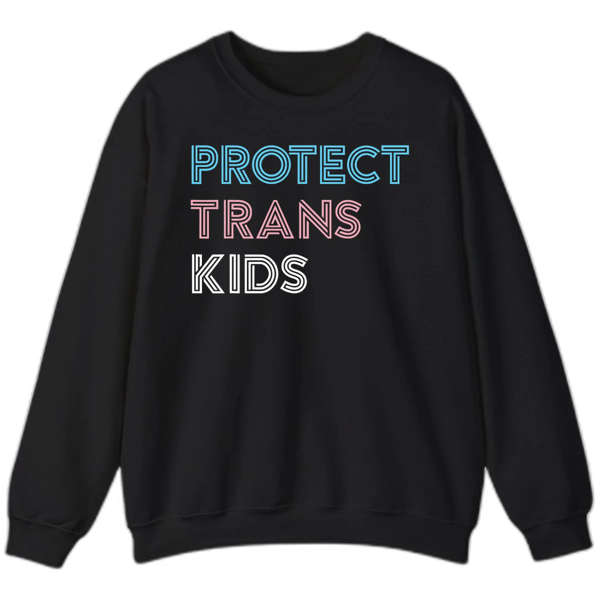 Neon-style outlined text reading 'PROTECT TRANS KIDS' in cyan, pink, and white striped lettering with concentric line patterns in Black