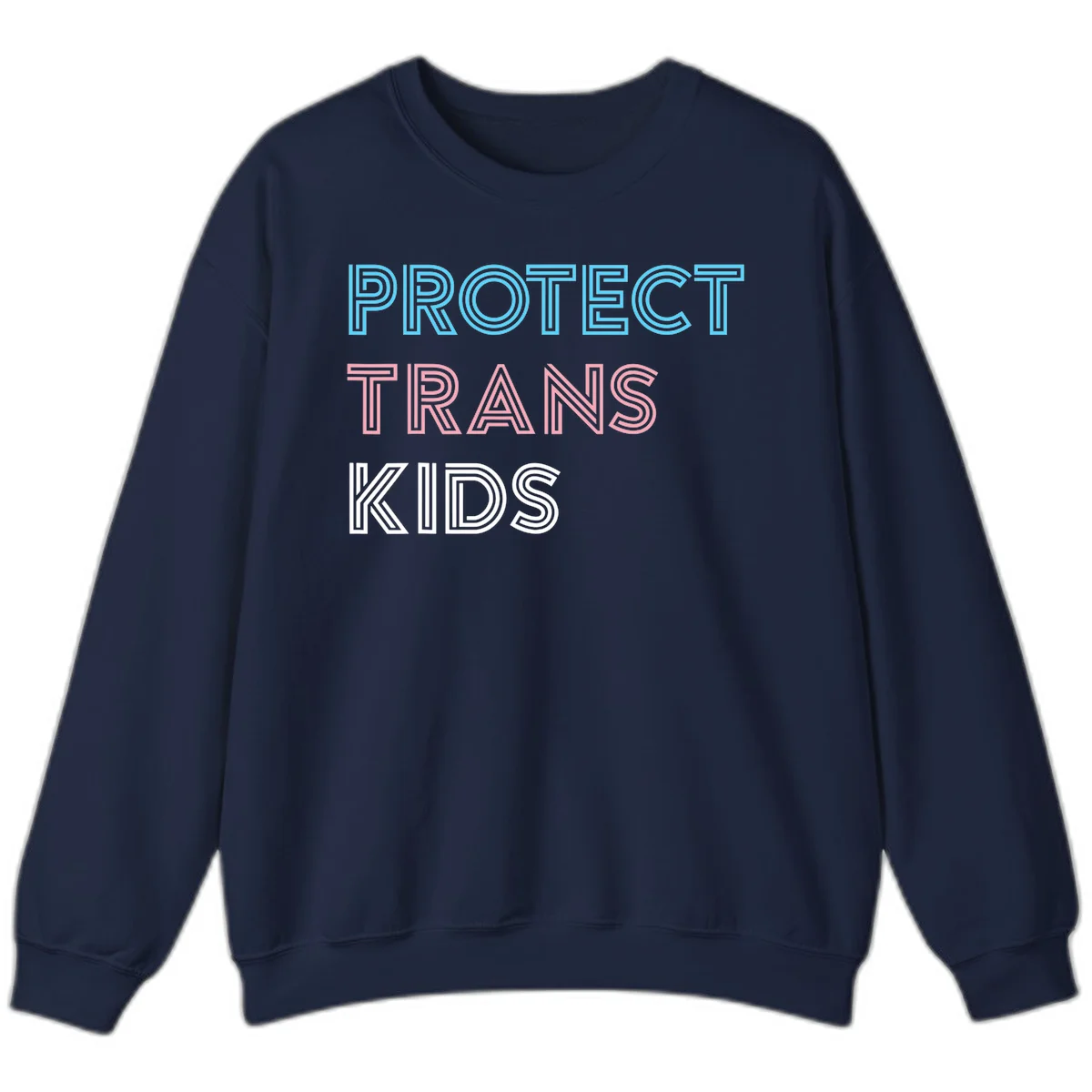 Neon-style outlined text reading 'PROTECT TRANS KIDS' in cyan, pink, and white striped lettering with concentric line patterns in Navy