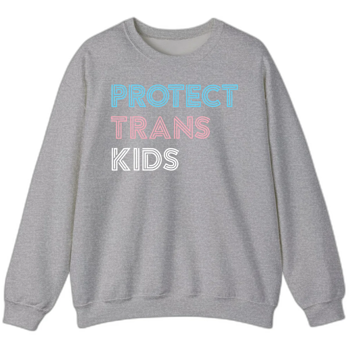 Neon-style outlined text reading 'PROTECT TRANS KIDS' in cyan, pink, and white striped lettering with concentric line patterns in Sport Grey