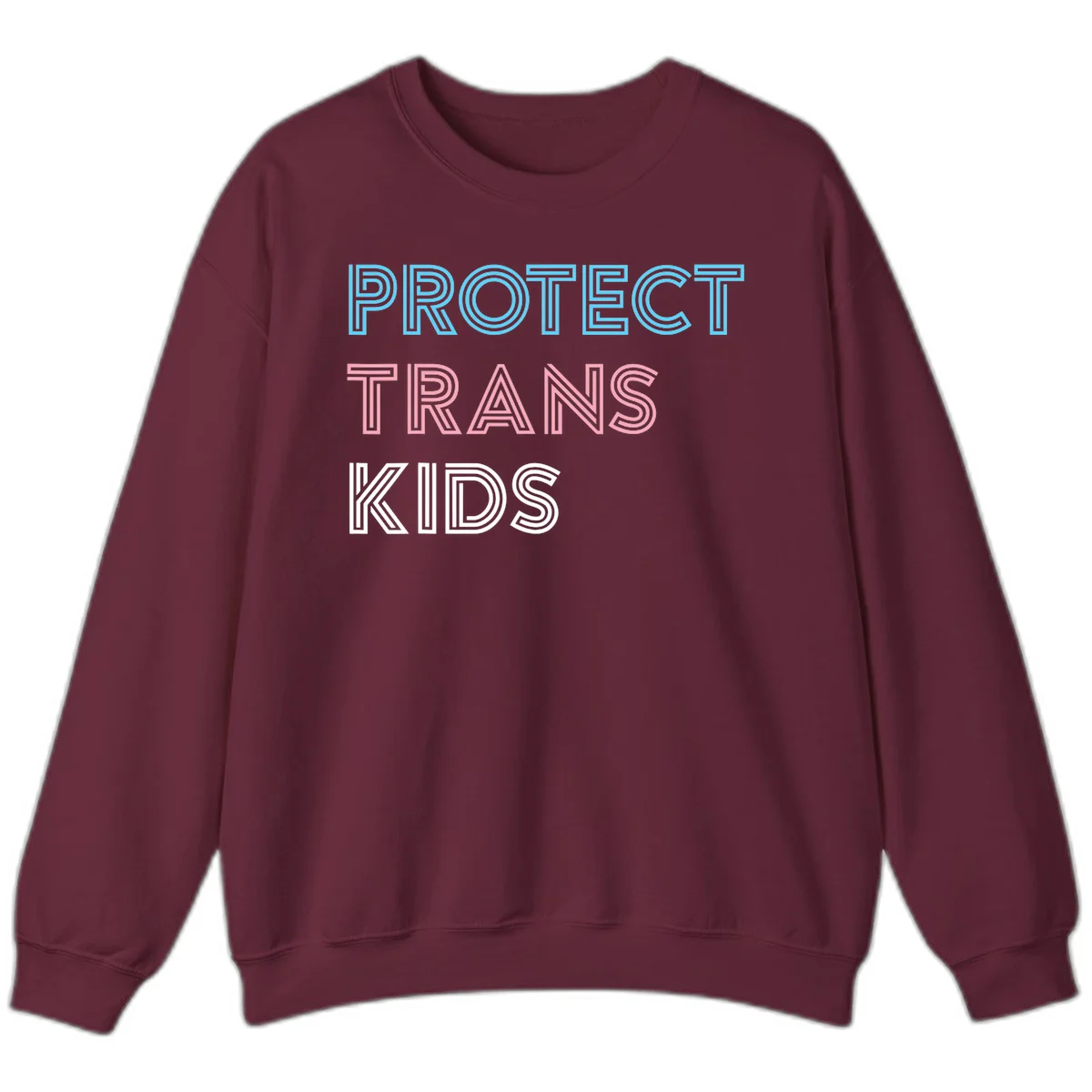 Neon-style outlined text reading 'PROTECT TRANS KIDS' in cyan, pink, and white striped lettering with concentric line patterns in Maroon