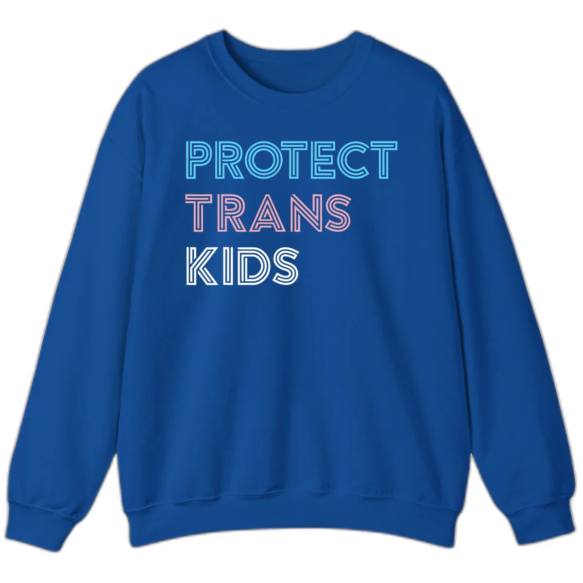 Neon-style outlined text reading 'PROTECT TRANS KIDS' in cyan, pink, and white striped lettering with concentric line patterns in Royal