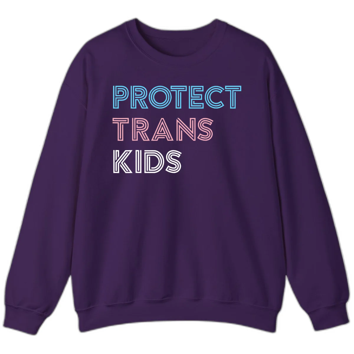 Neon-style outlined text reading 'PROTECT TRANS KIDS' in cyan, pink, and white striped lettering with concentric line patterns in Purple