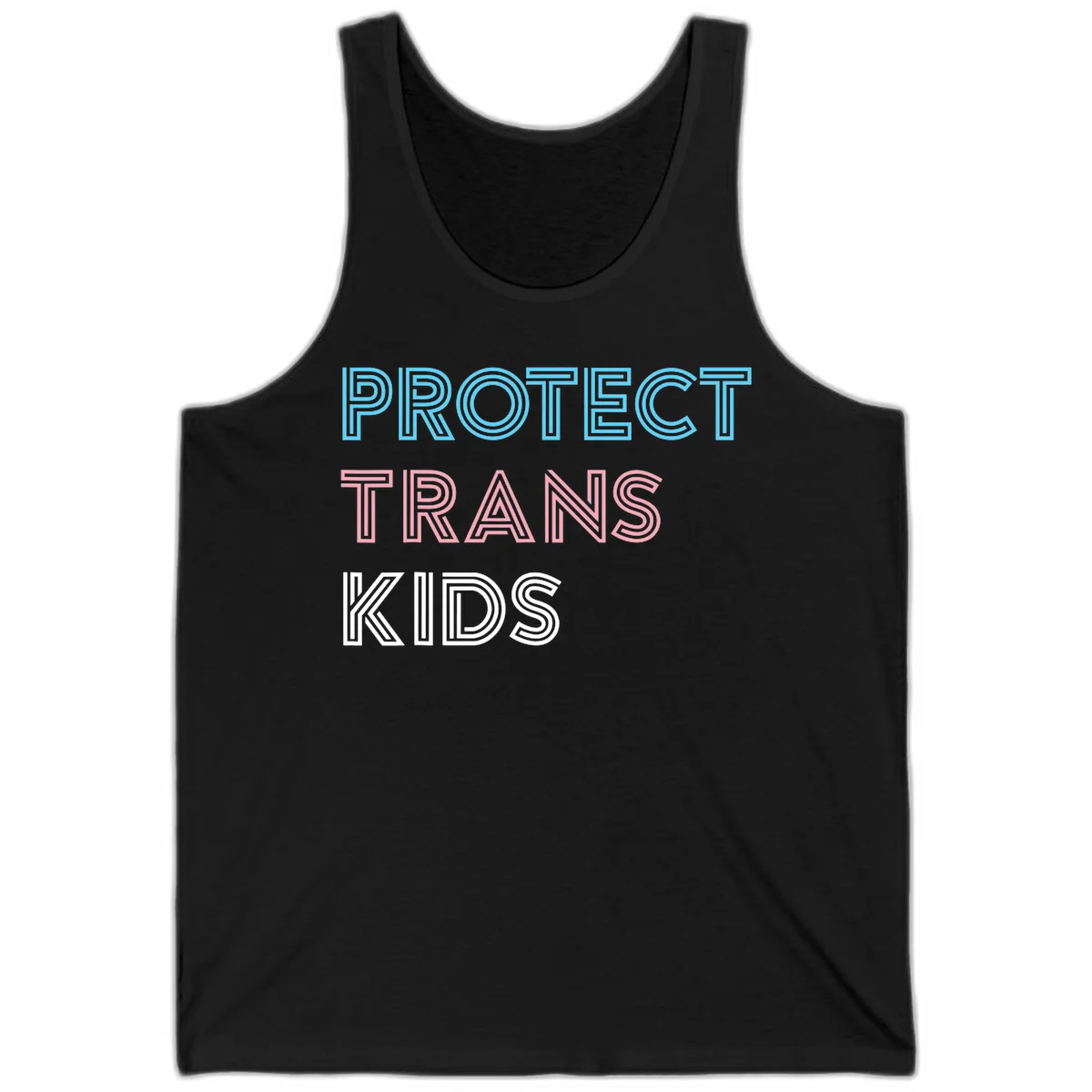 Neon-style outlined text reading 'PROTECT TRANS KIDS' in cyan, pink, and white striped lettering with concentric line patterns in Black