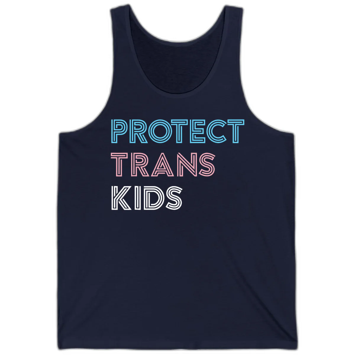 Neon-style outlined text reading 'PROTECT TRANS KIDS' in cyan, pink, and white striped lettering with concentric line patterns in Navy