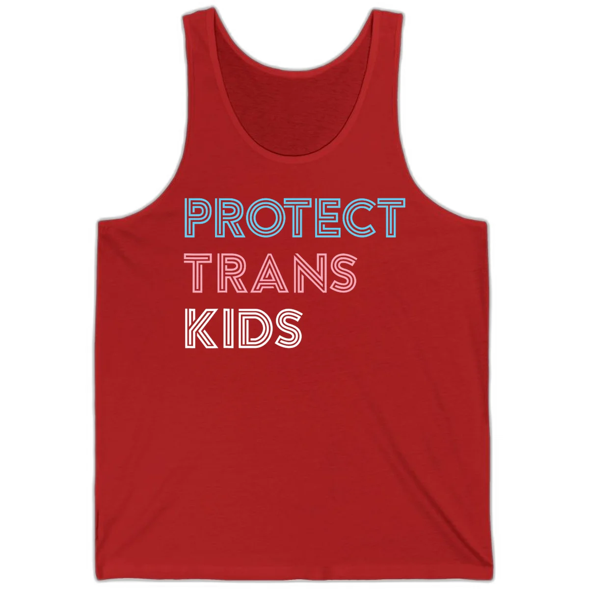 Neon-style outlined text reading 'PROTECT TRANS KIDS' in cyan, pink, and white striped lettering with concentric line patterns in Red