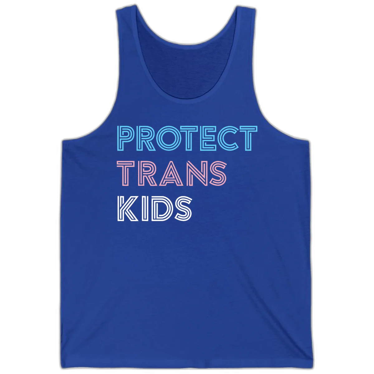 Neon-style outlined text reading 'PROTECT TRANS KIDS' in cyan, pink, and white striped lettering with concentric line patterns in True Royal