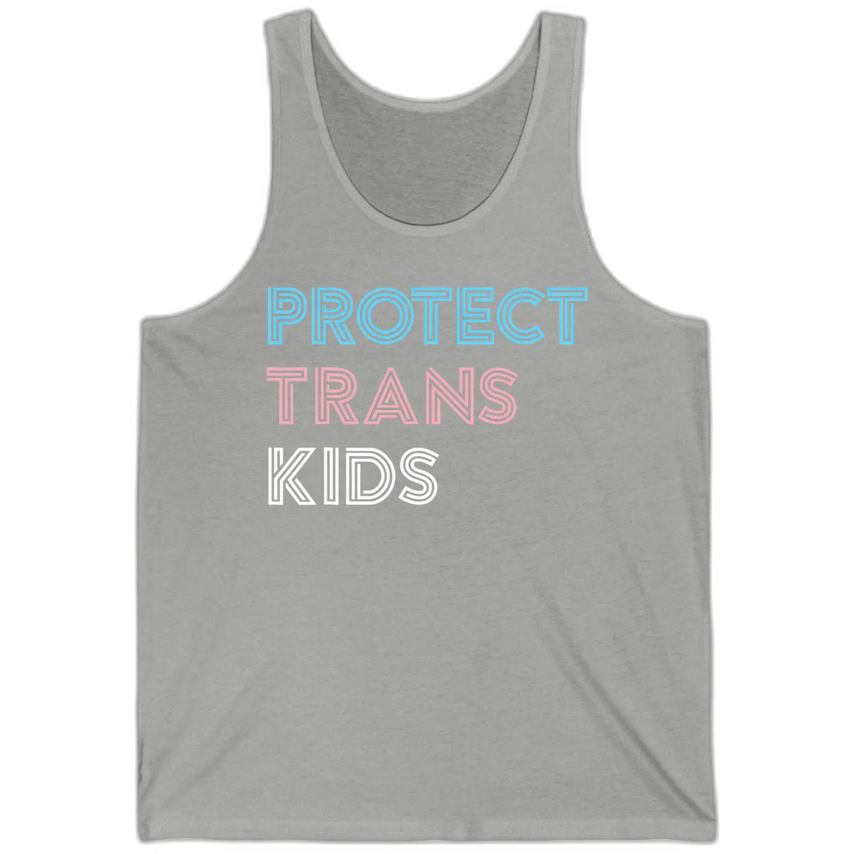 Neon-style outlined text reading 'PROTECT TRANS KIDS' in cyan, pink, and white striped lettering with concentric line patterns in Athletic Heather