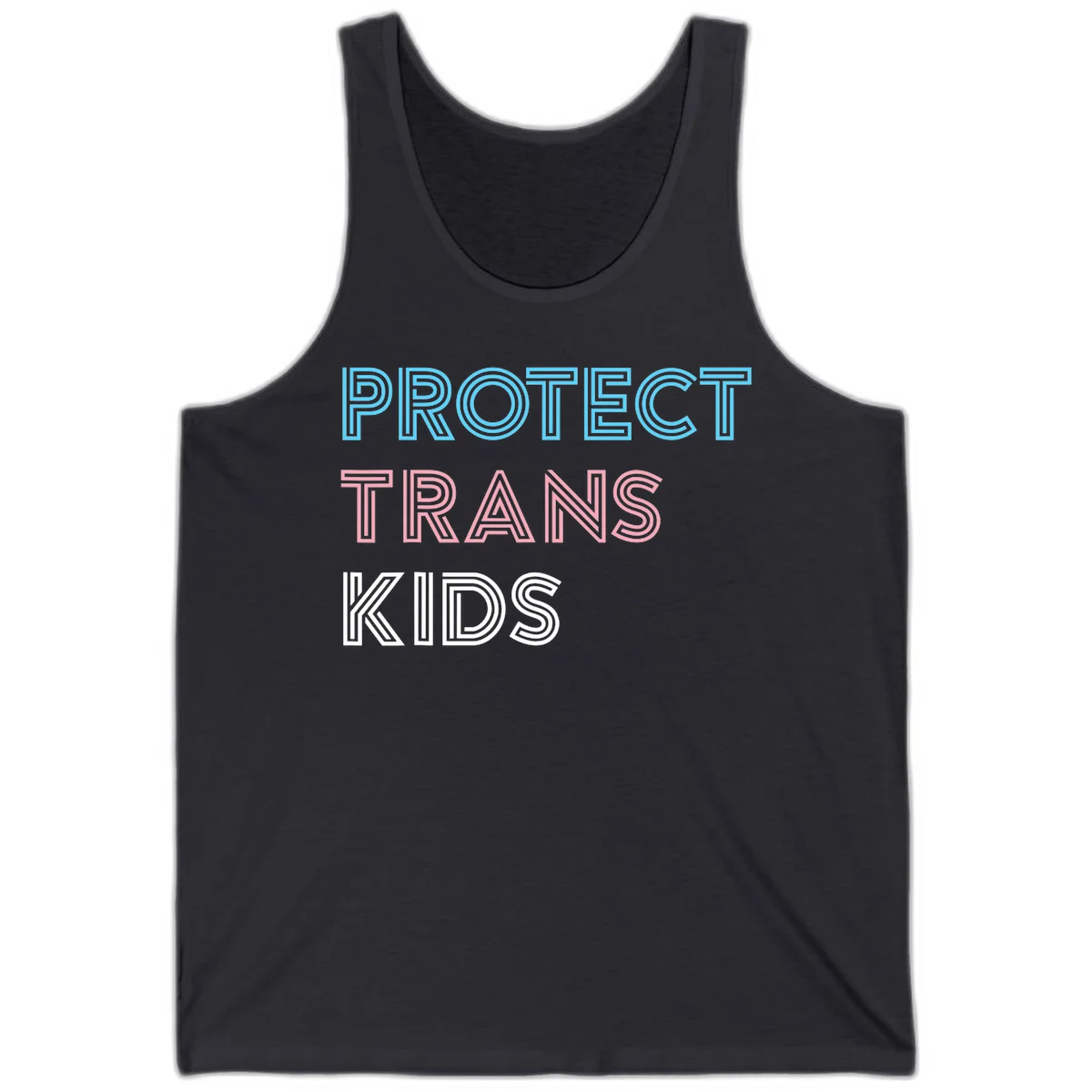 Neon-style outlined text reading 'PROTECT TRANS KIDS' in cyan, pink, and white striped lettering with concentric line patterns in Dark Grey