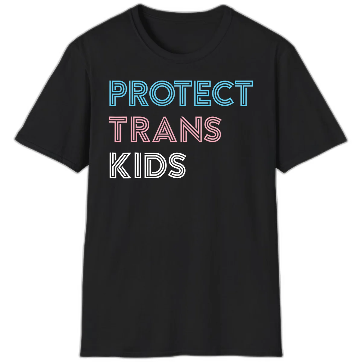 Neon-style outlined text reading 'PROTECT TRANS KIDS' in cyan, pink, and white striped lettering with concentric line patterns in Black