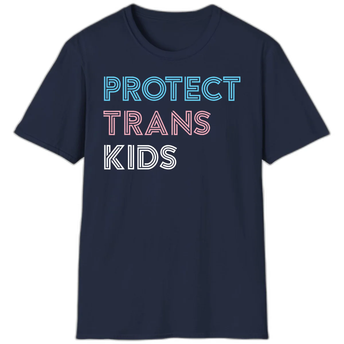 Neon-style outlined text reading 'PROTECT TRANS KIDS' in cyan, pink, and white striped lettering with concentric line patterns in Navy