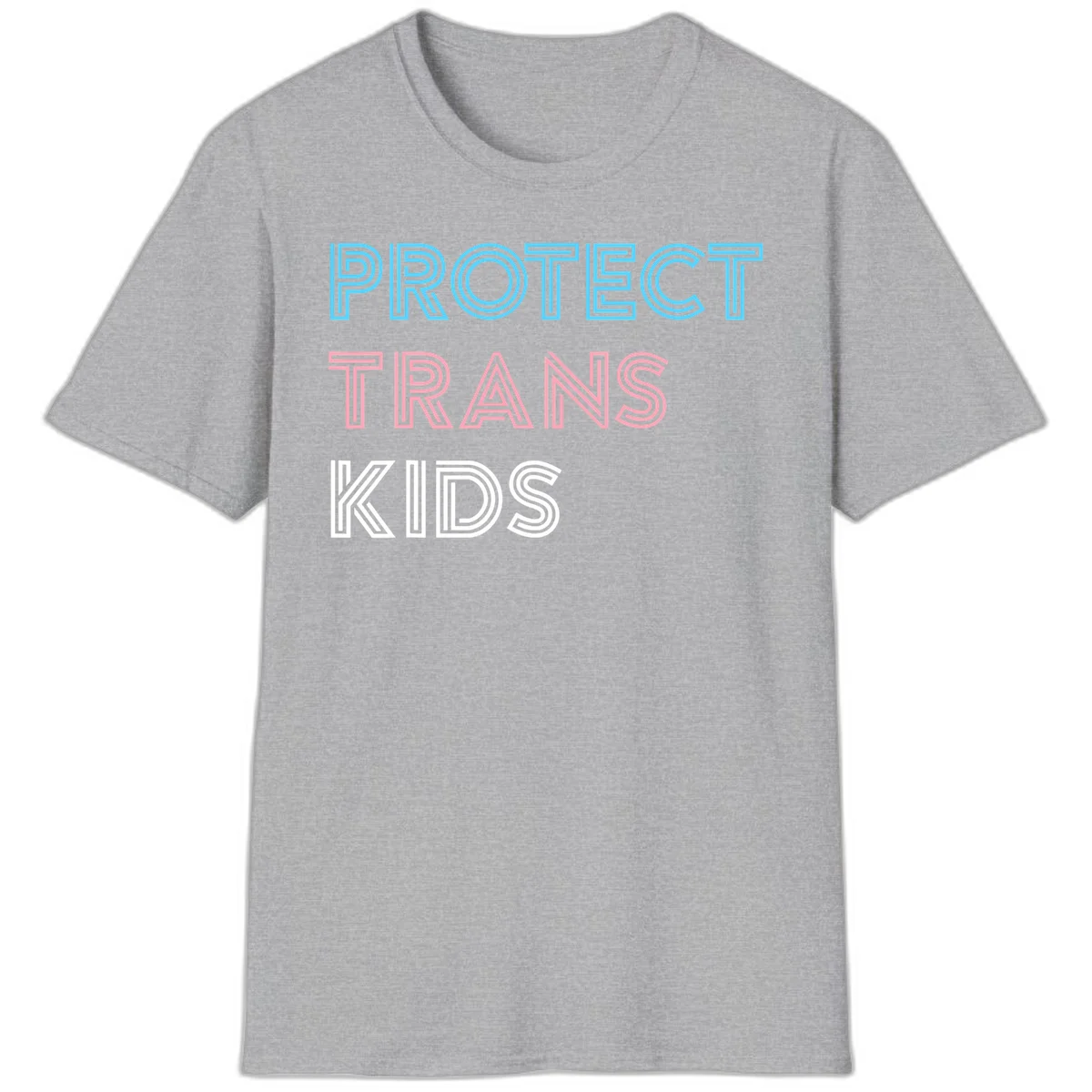 Neon-style outlined text reading 'PROTECT TRANS KIDS' in cyan, pink, and white striped lettering with concentric line patterns in Sport Grey