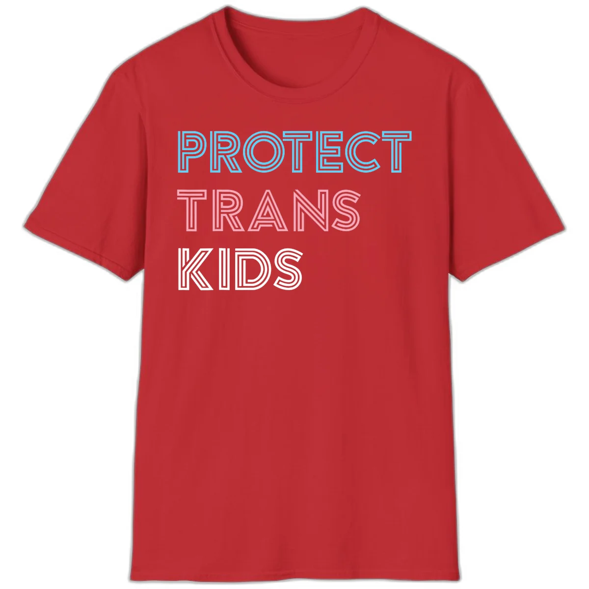 Neon-style outlined text reading 'PROTECT TRANS KIDS' in cyan, pink, and white striped lettering with concentric line patterns in Red