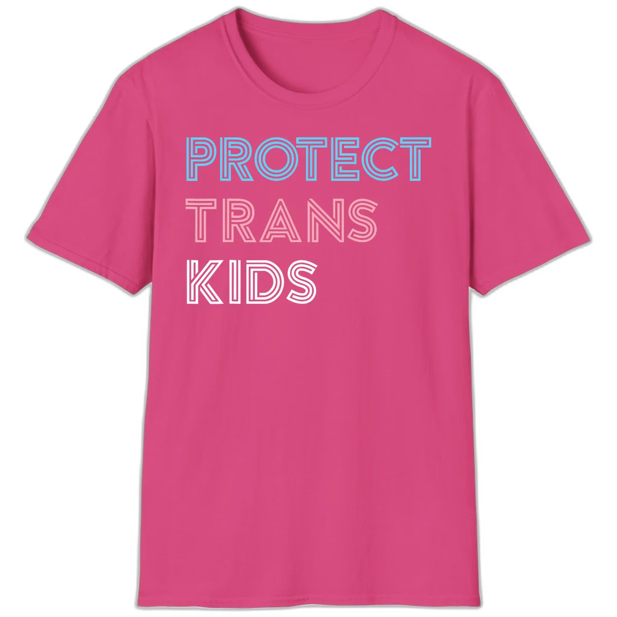 Neon-style outlined text reading 'PROTECT TRANS KIDS' in cyan, pink, and white striped lettering with concentric line patterns in Heliconia