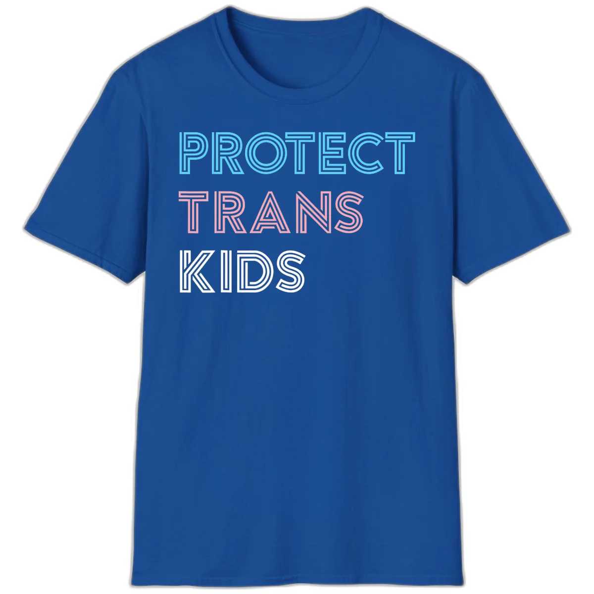 Neon-style outlined text reading 'PROTECT TRANS KIDS' in cyan, pink, and white striped lettering with concentric line patterns in Royal