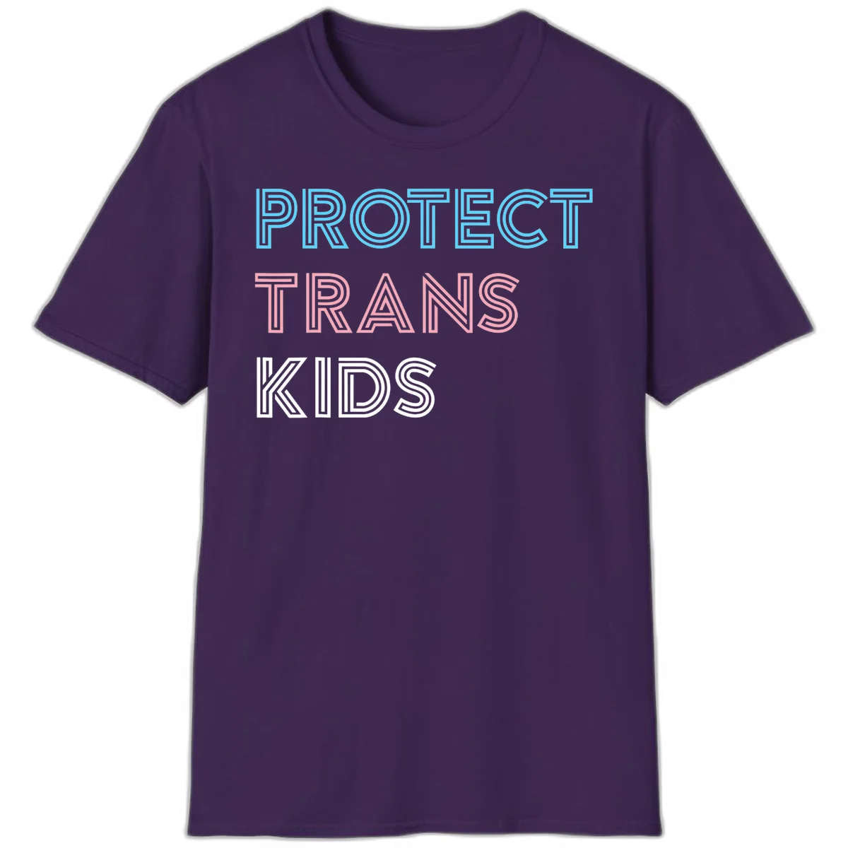 Neon-style outlined text reading 'PROTECT TRANS KIDS' in cyan, pink, and white striped lettering with concentric line patterns in Purple