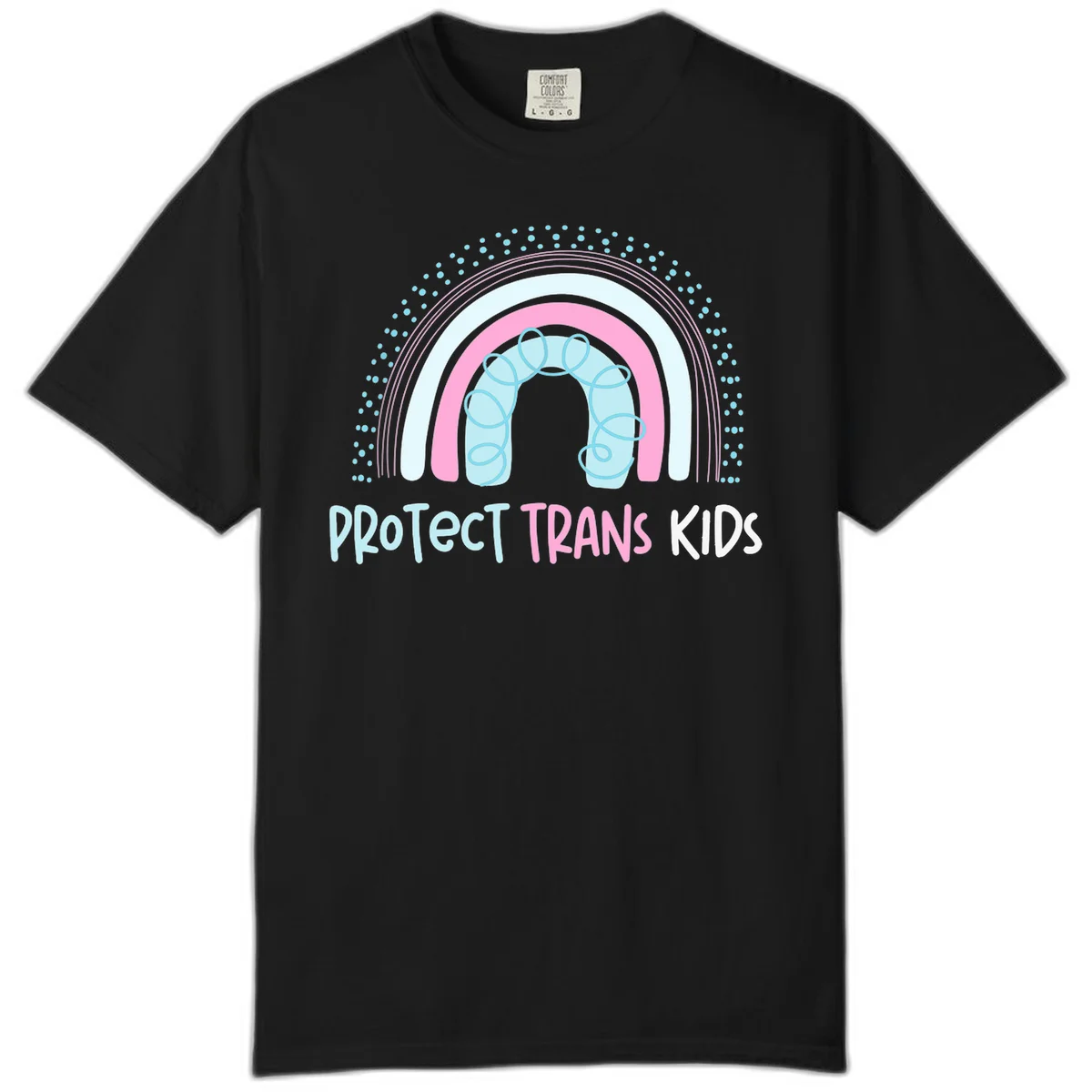 Protect trans kids pride design: rainbow arch with protective shield and DNA strands in pink, blue, and cyan with radiating dots in Black
