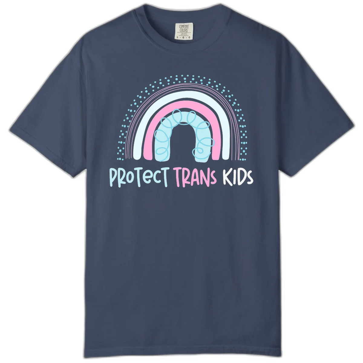 Protect trans kids pride design: rainbow arch with protective shield and DNA strands in pink, blue, and cyan with radiating dots in Midnight