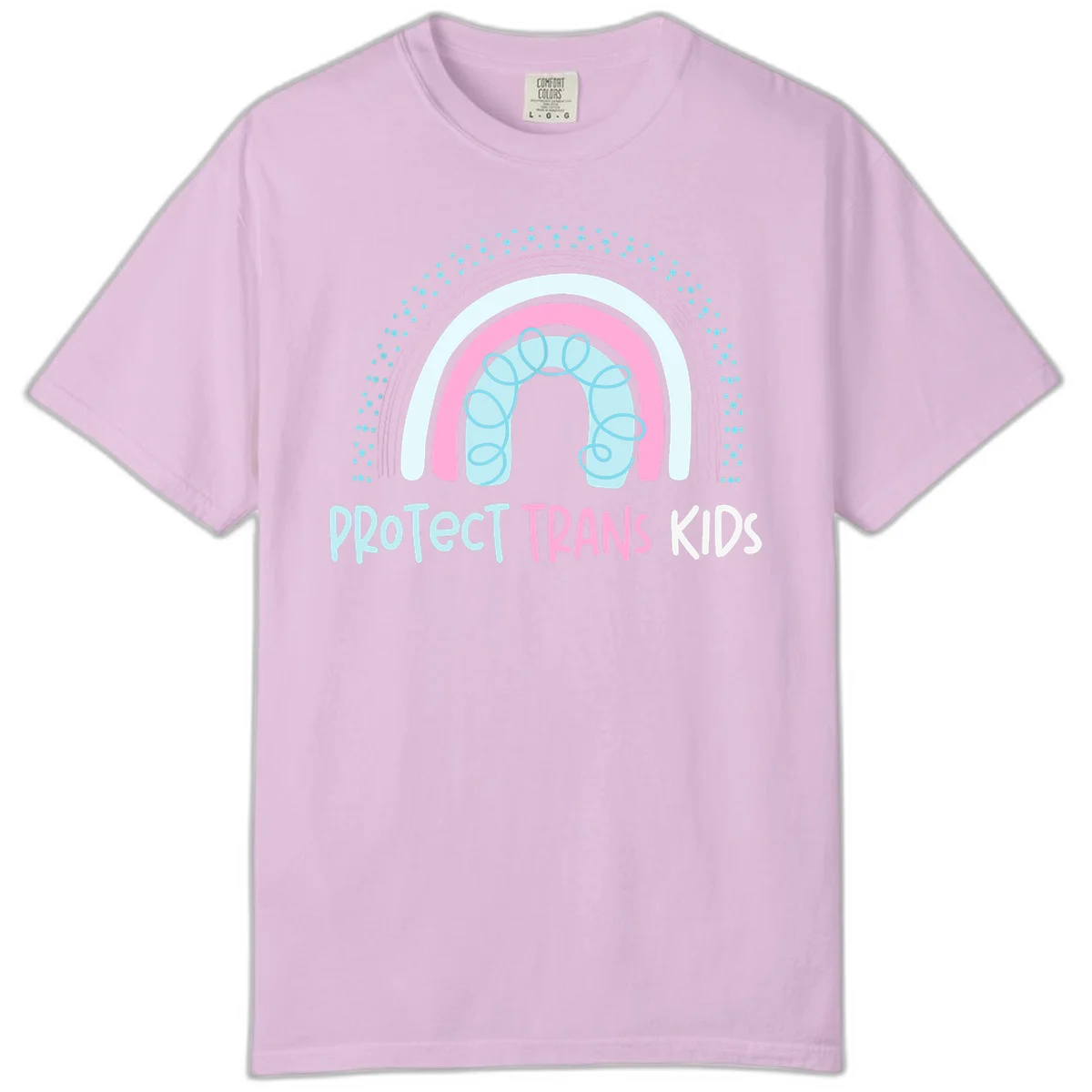 Protect trans kids pride design: rainbow arch with protective shield and DNA strands in pink, blue, and cyan with radiating dots in Orchid