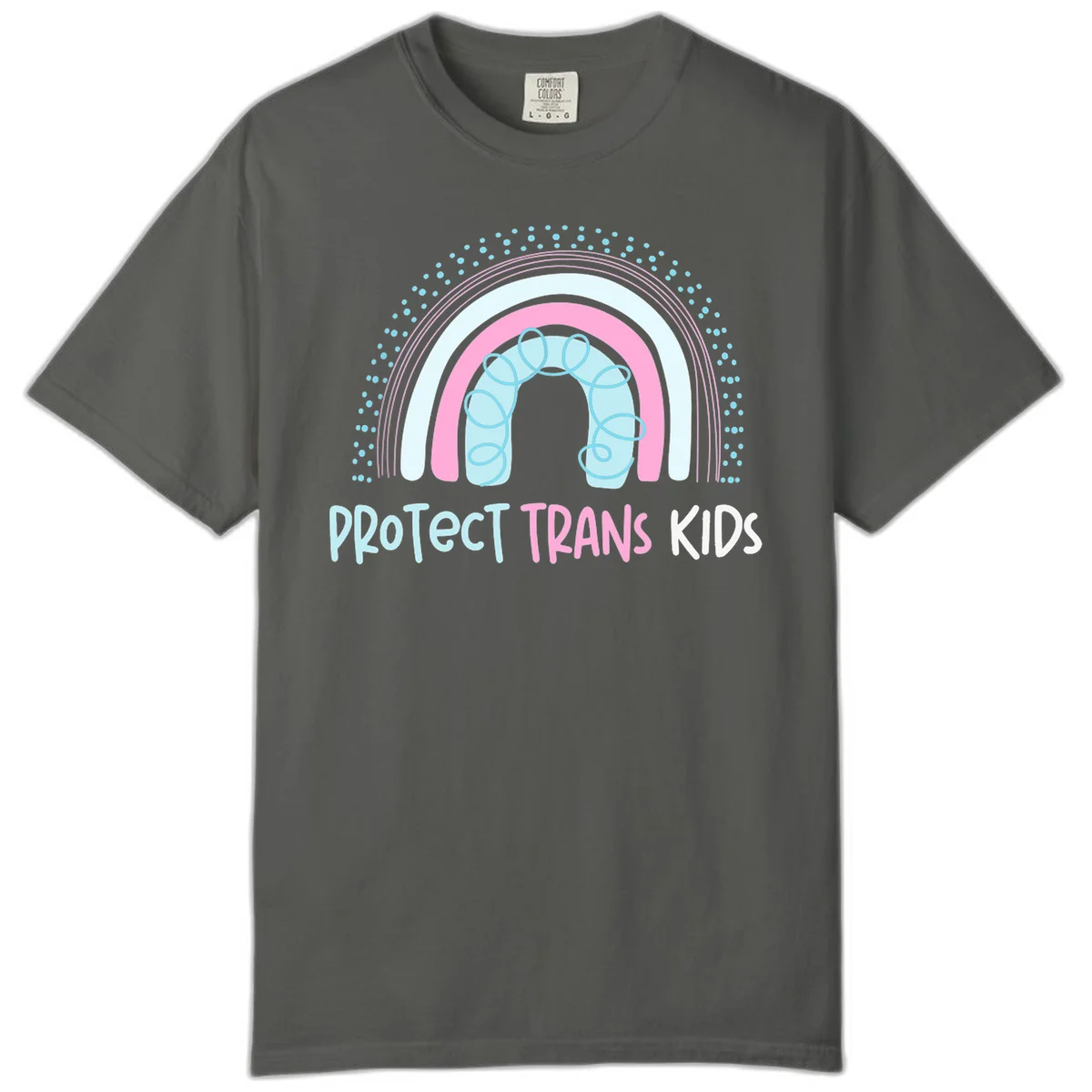 Protect trans kids pride design: rainbow arch with protective shield and DNA strands in pink, blue, and cyan with radiating dots in Pepper