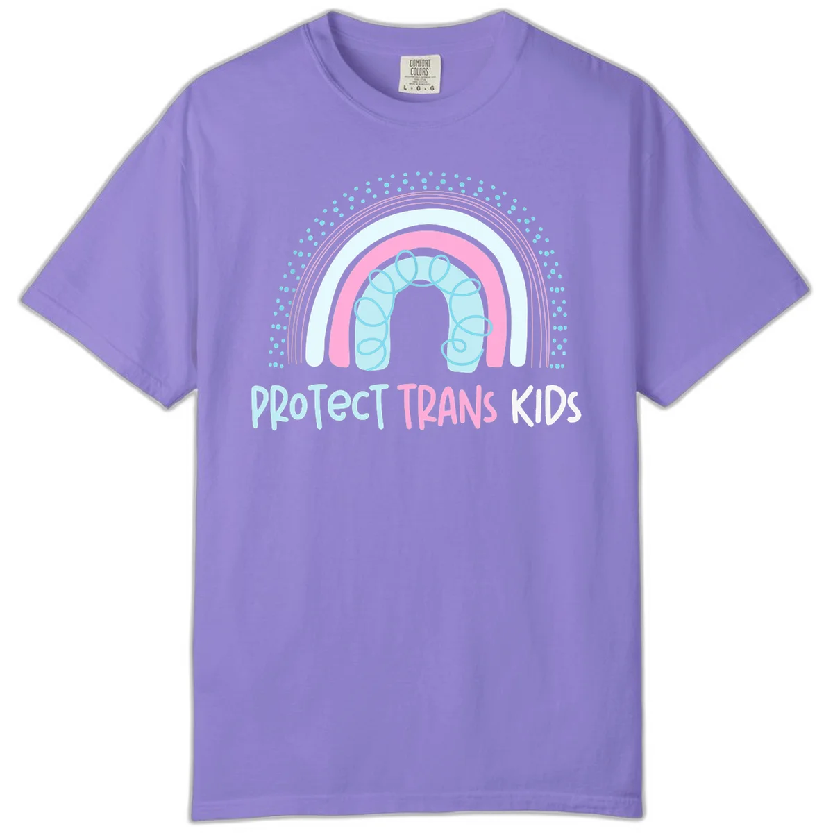 Protect trans kids pride design: rainbow arch with protective shield and DNA strands in pink, blue, and cyan with radiating dots in Violet