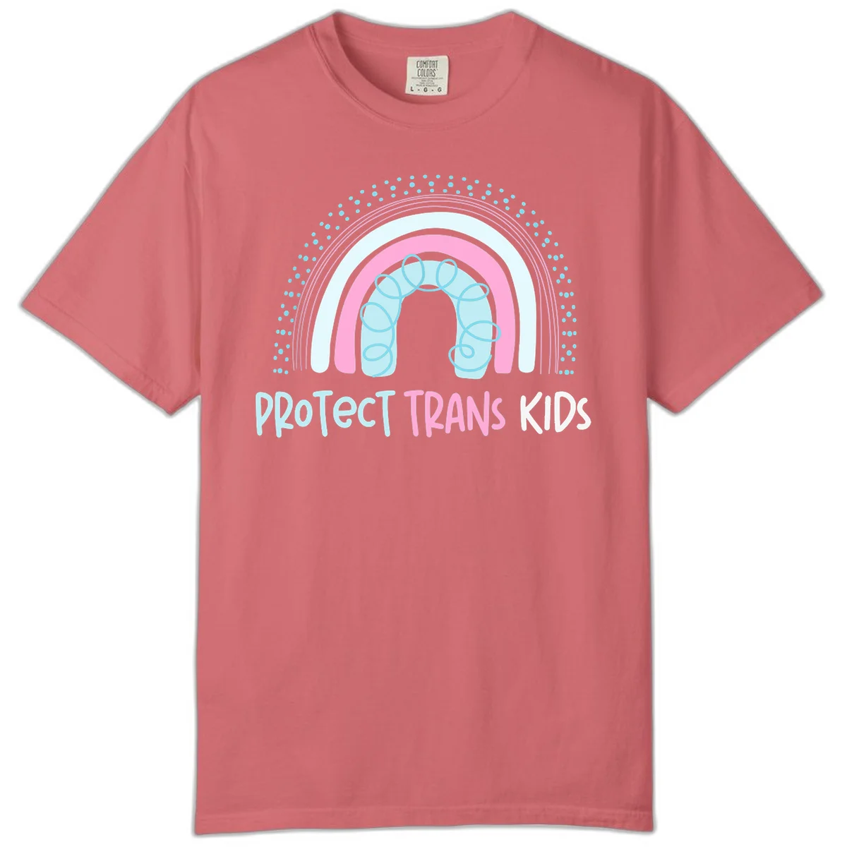 Protect trans kids pride design: rainbow arch with protective shield and DNA strands in pink, blue, and cyan with radiating dots in Watermelon