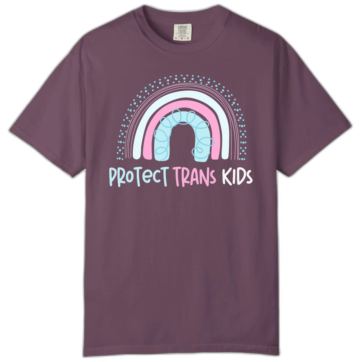 Protect trans kids pride design: rainbow arch with protective shield and DNA strands in pink, blue, and cyan with radiating dots in Berry