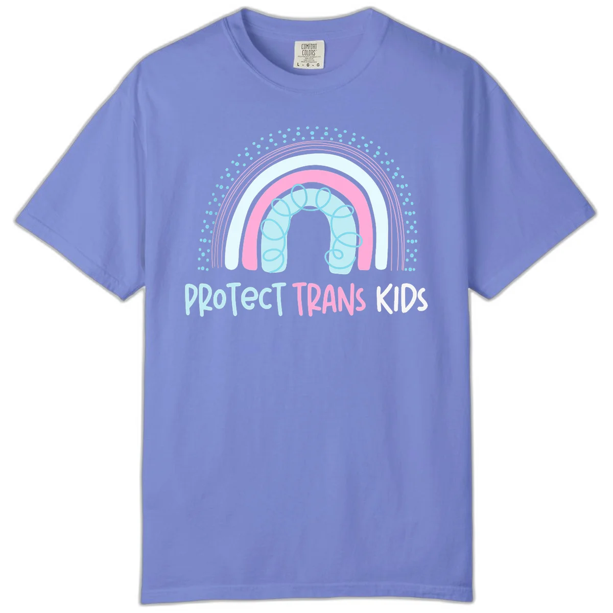Protect trans kids pride design: rainbow arch with protective shield and DNA strands in pink, blue, and cyan with radiating dots in Flo Blue