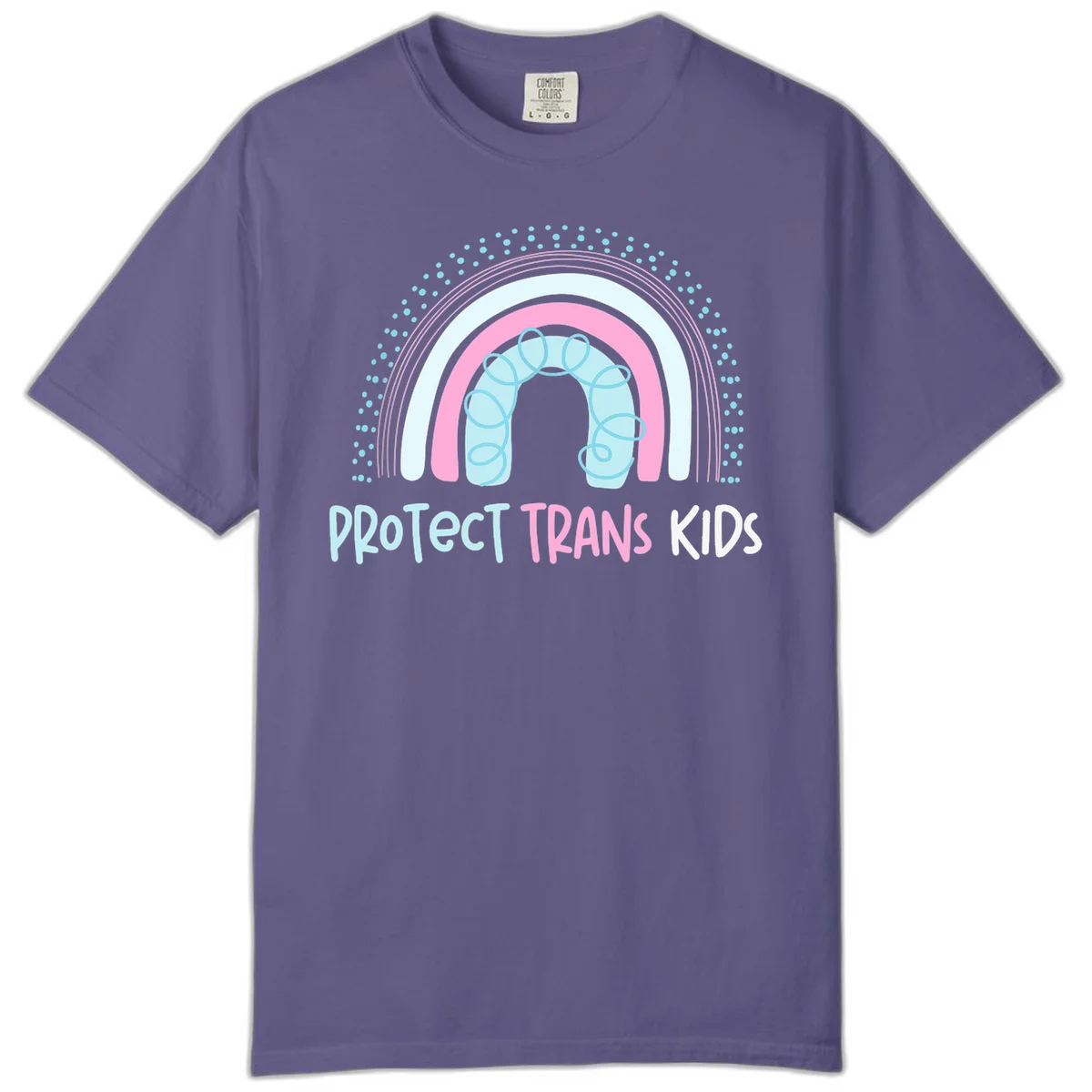 Protect trans kids pride design: rainbow arch with protective shield and DNA strands in pink, blue, and cyan with radiating dots in Grape