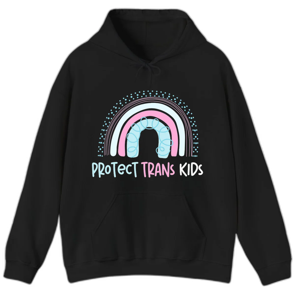 Protect trans kids pride design: rainbow arch with protective shield and DNA strands in pink, blue, and cyan with radiating dots in Black