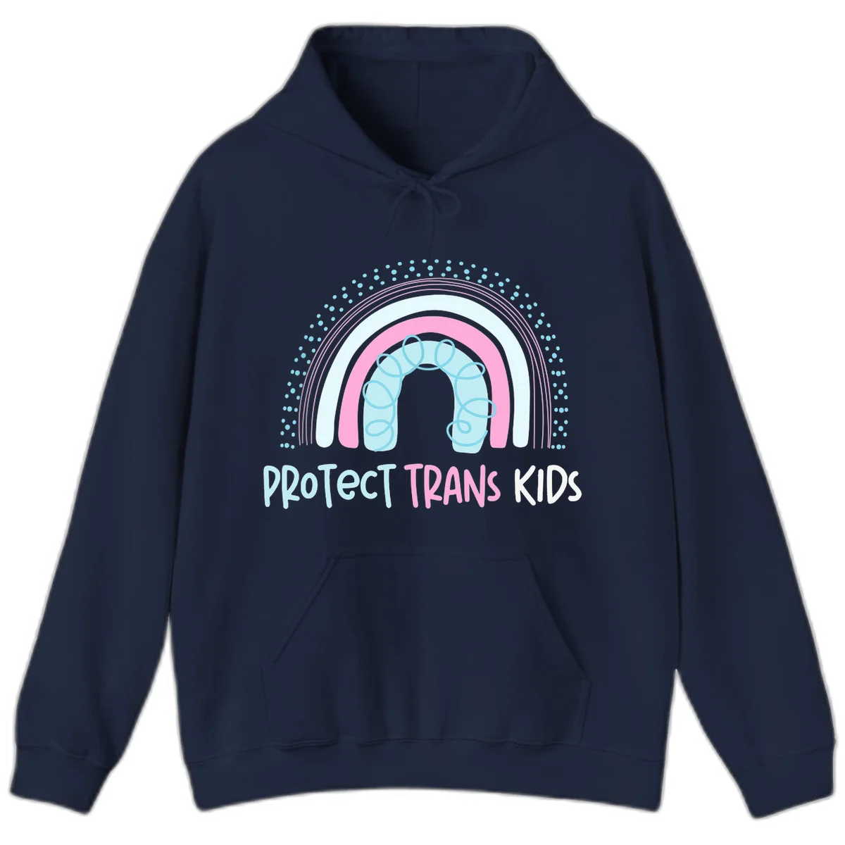 Protect trans kids pride design: rainbow arch with protective shield and DNA strands in pink, blue, and cyan with radiating dots in Navy