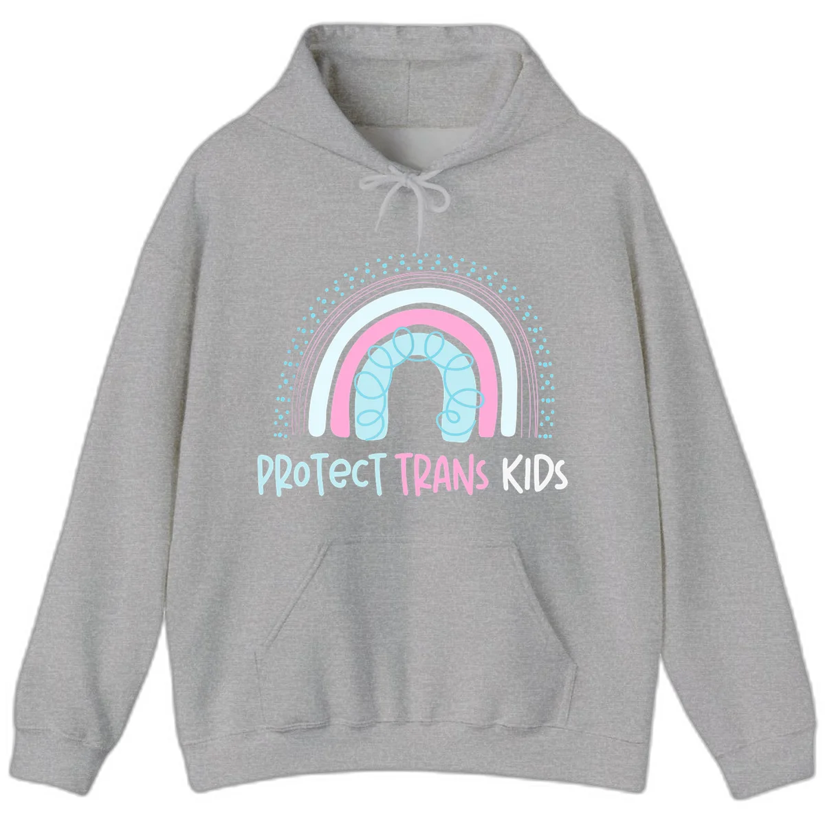Protect trans kids pride design: rainbow arch with protective shield and DNA strands in pink, blue, and cyan with radiating dots in Sport Grey