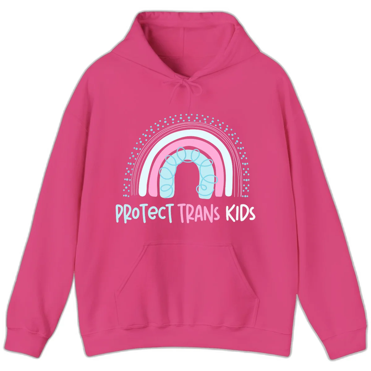 Protect trans kids pride design: rainbow arch with protective shield and DNA strands in pink, blue, and cyan with radiating dots in Heliconia