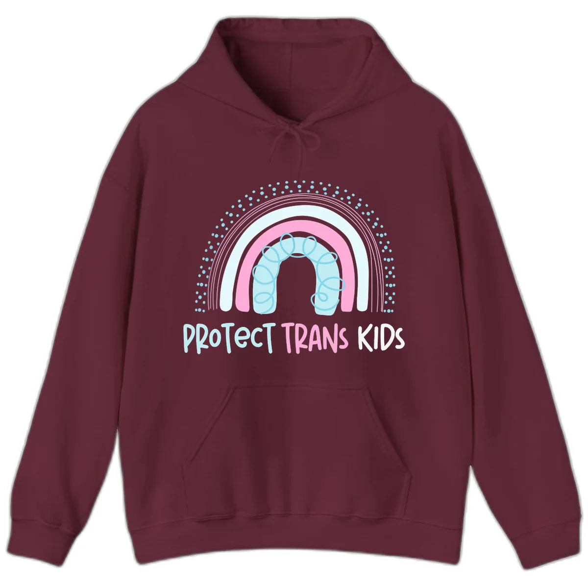 Protect trans kids pride design: rainbow arch with protective shield and DNA strands in pink, blue, and cyan with radiating dots in Maroon