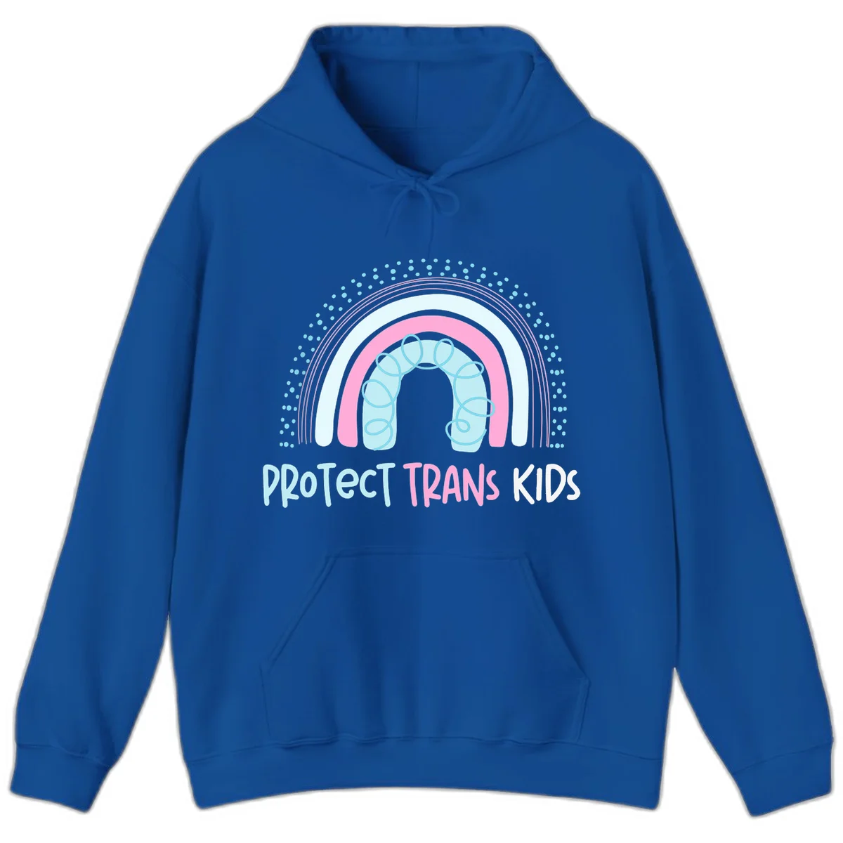 Protect trans kids pride design: rainbow arch with protective shield and DNA strands in pink, blue, and cyan with radiating dots in Royal