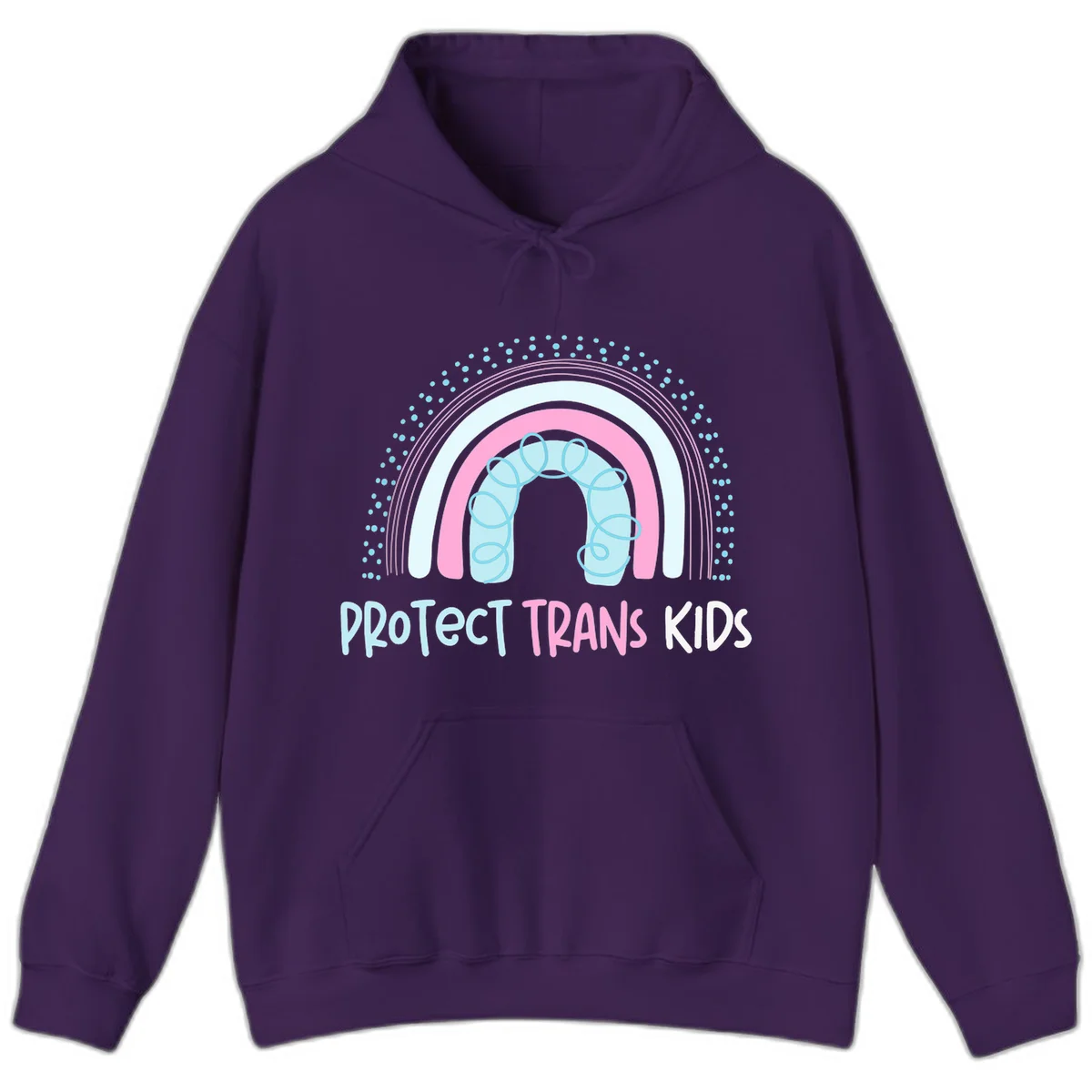 Protect trans kids pride design: rainbow arch with protective shield and DNA strands in pink, blue, and cyan with radiating dots in Purple