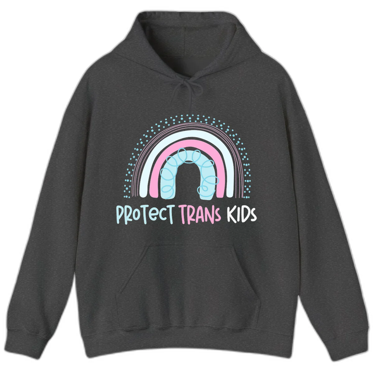 Protect trans kids pride design: rainbow arch with protective shield and DNA strands in pink, blue, and cyan with radiating dots in Dark Heather