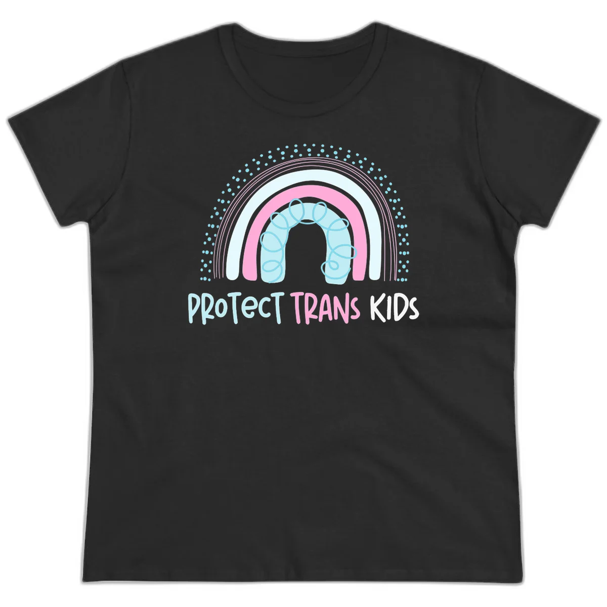 Protect trans kids pride design: rainbow arch with protective shield and DNA strands in pink, blue, and cyan with radiating dots in Black