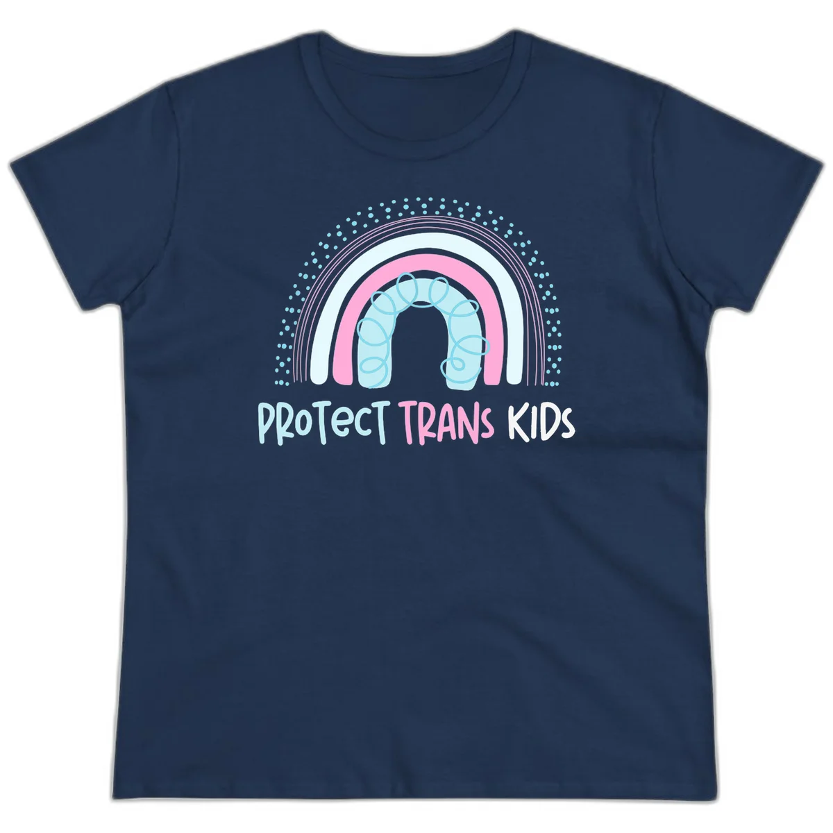 Protect trans kids pride design: rainbow arch with protective shield and DNA strands in pink, blue, and cyan with radiating dots in Navy