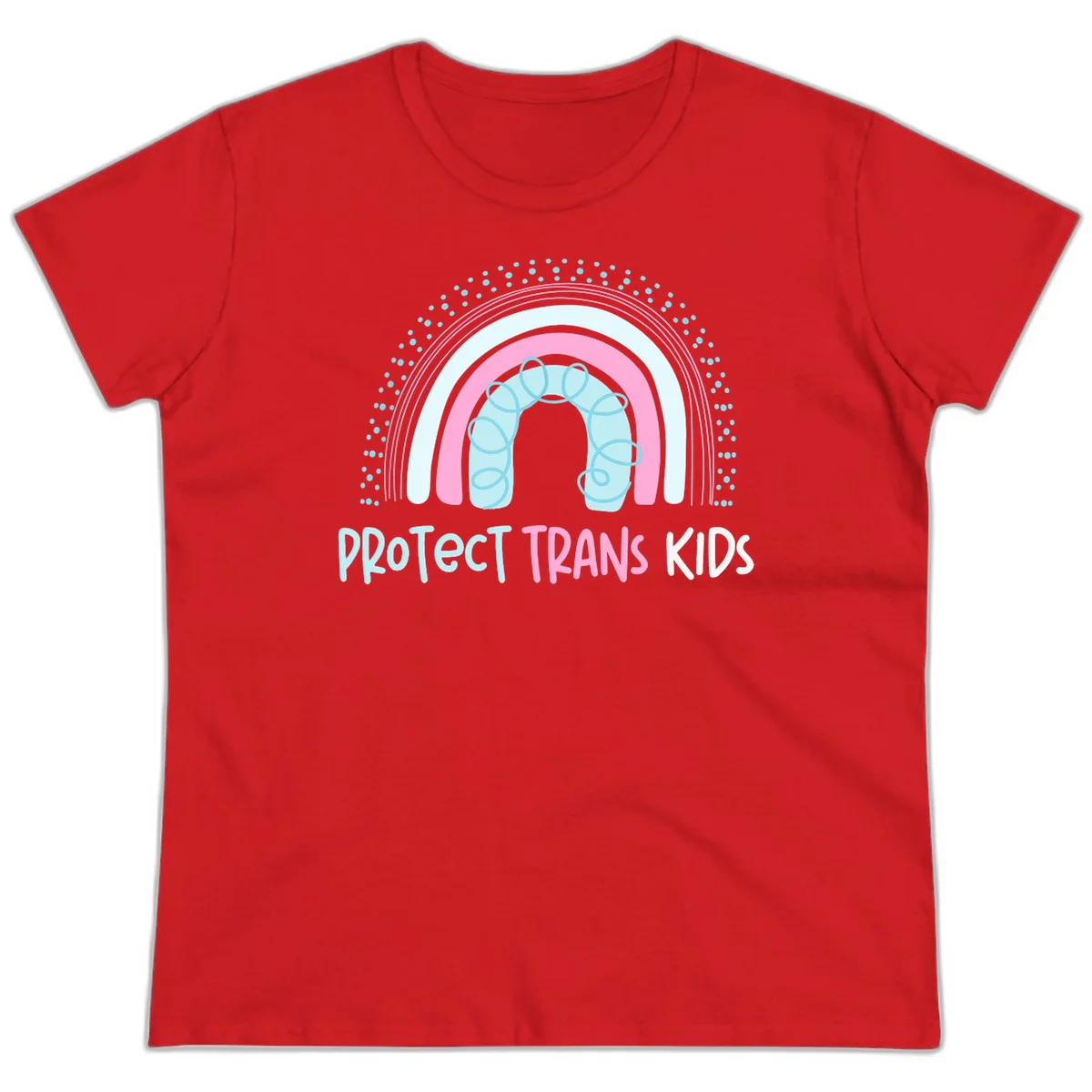 Protect trans kids pride design: rainbow arch with protective shield and DNA strands in pink, blue, and cyan with radiating dots in Red
